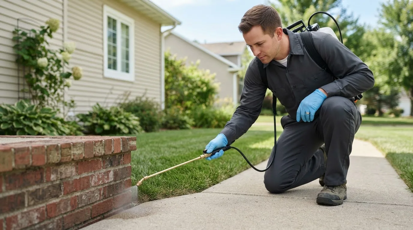 Pest control technician treating a home near Crawford, TX